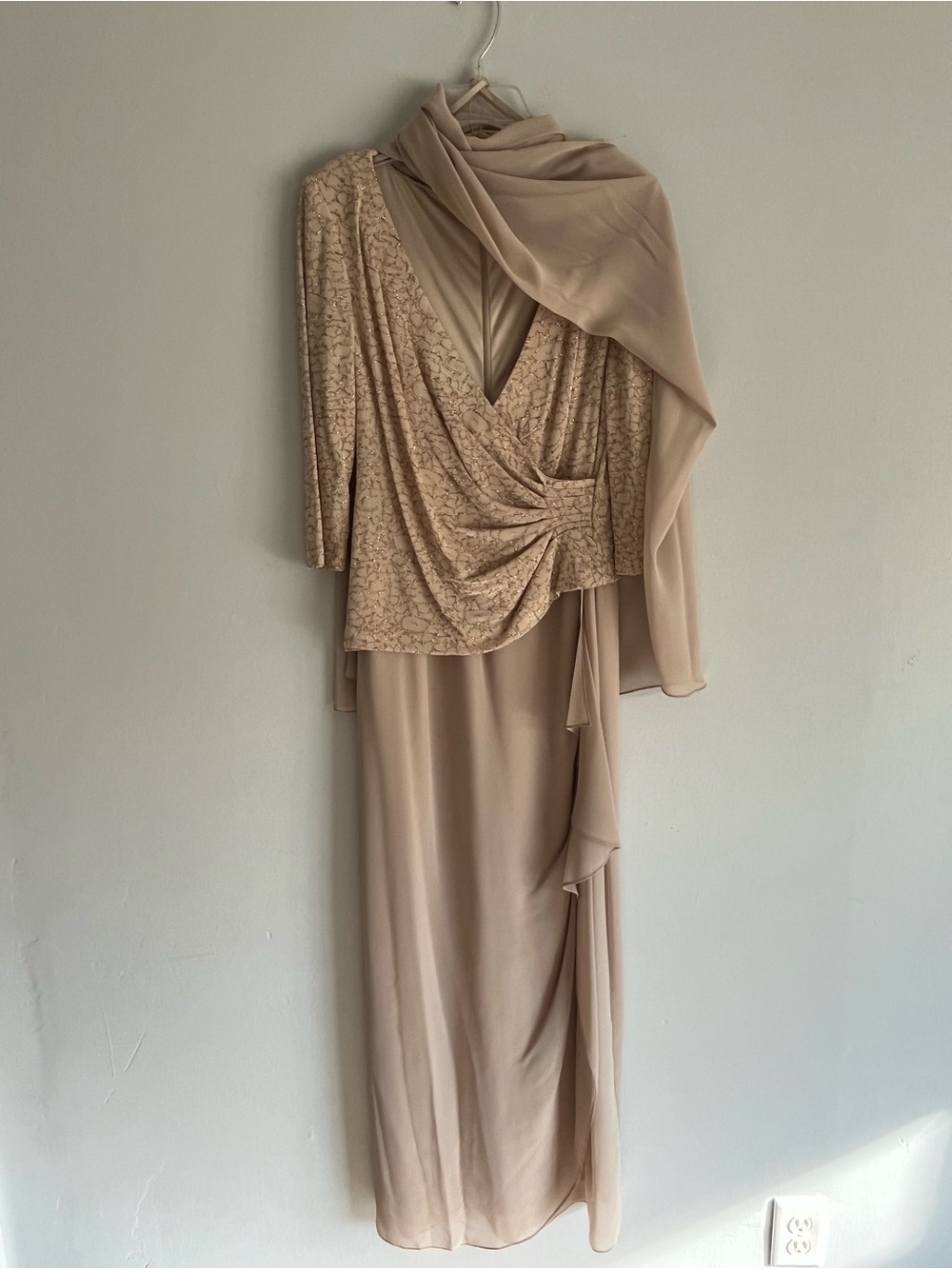 Alex Evenings Neutral Beige Draped Maxi Dress with Scarf